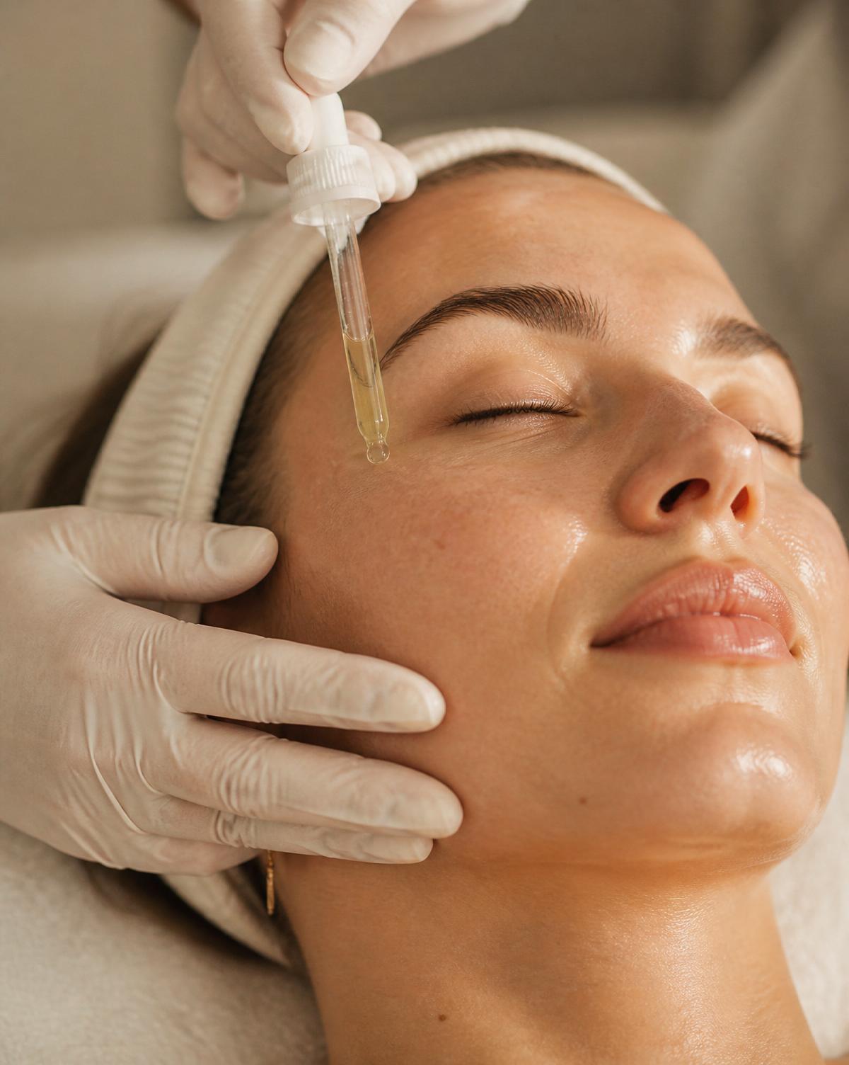 Esthetician applying a facial serum during a Lumora treatment